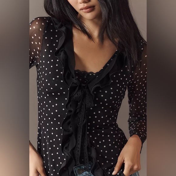 Anthropologie Tops - Anthropologie Maeve Lace-Trim Sheer Cardigan Top Polka Dot Black White Medium